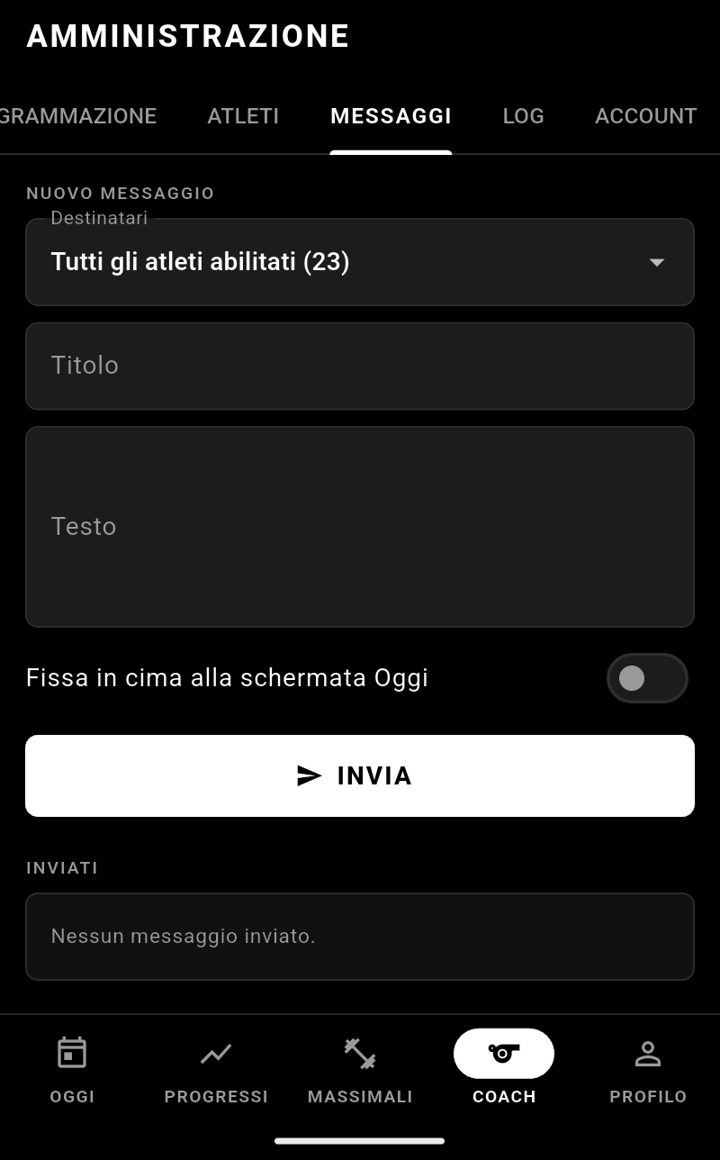 Schermata di invio messaggi broadcast del coach